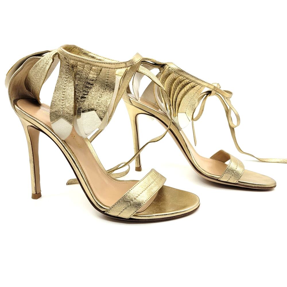 Gianvito Rossi Feathered Lace Up Stiletto Heels 4" EU 36 US 6 Gold White - Picture 9 of 15